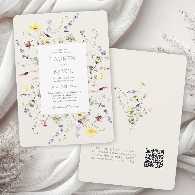 Invitation Fleurs Sauvages Romantiques Code QR de Mariage Bot (Available in both printed and instant download digital formats.)