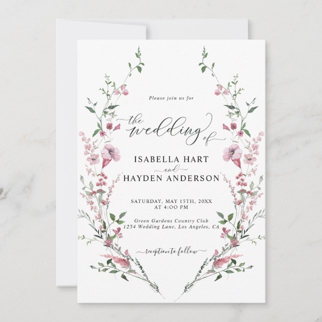 Invitation Fleurs Sauvages Rose Dusty Tout en un Mariage de c (Devant)