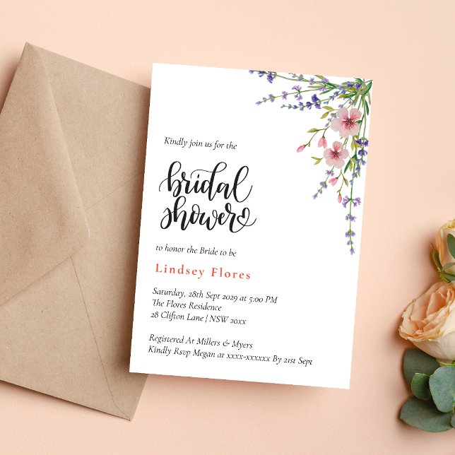 Invitation Fleurs sauvages rose tendre et verdure pour une ba (Soft pink wild flowers and greenery invitation creates a fresh, romantic bridal shower tone)
