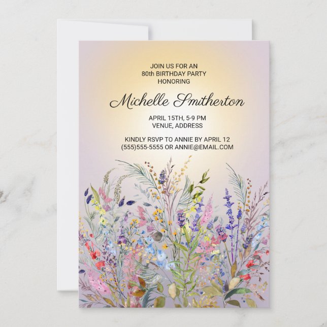 Invitation Fleurs sauvages rose violet jaune 80e anniversaire (Devant)