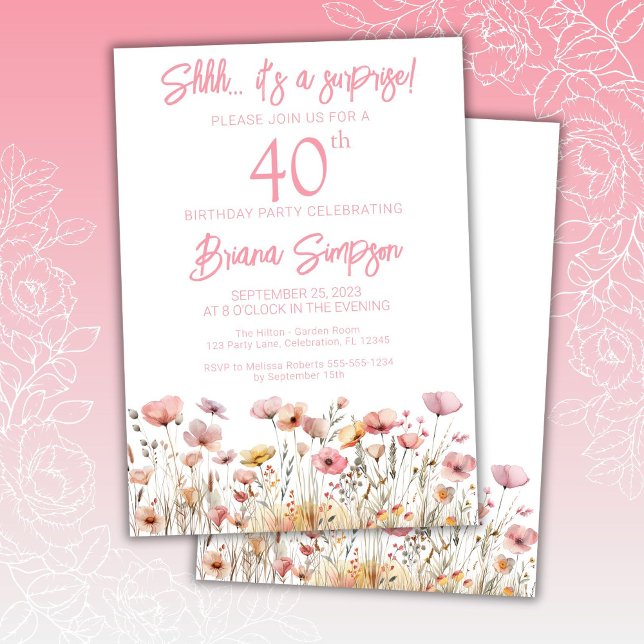 Invitation Fleurs sauvages roses 40e anniversaire surprise (Créateur téléchargé)