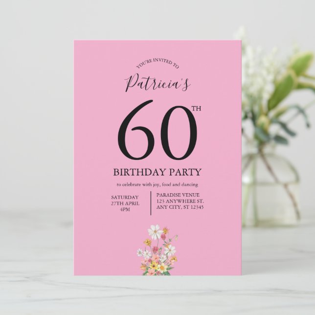 Invitation Fleurs sauvages roses 60e anniversaire (Debout devant)