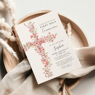 Invitation Fleurs sauvages roses croix florale Première Commu