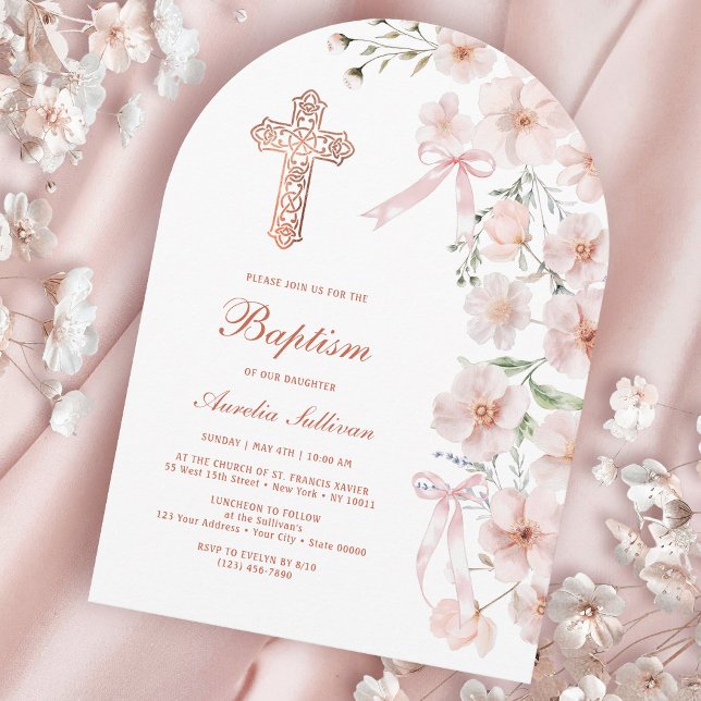 Invitation Fleurs sauvages roses et arche de rubans pour bapt (Créateur téléchargé)