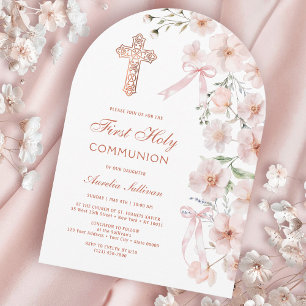 Invitation Fleurs sauvages roses et arcs pour la Première Com