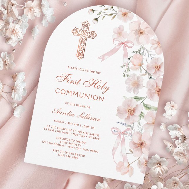 Invitation Fleurs sauvages roses et arcs pour la Première Com (Créateur téléchargé)