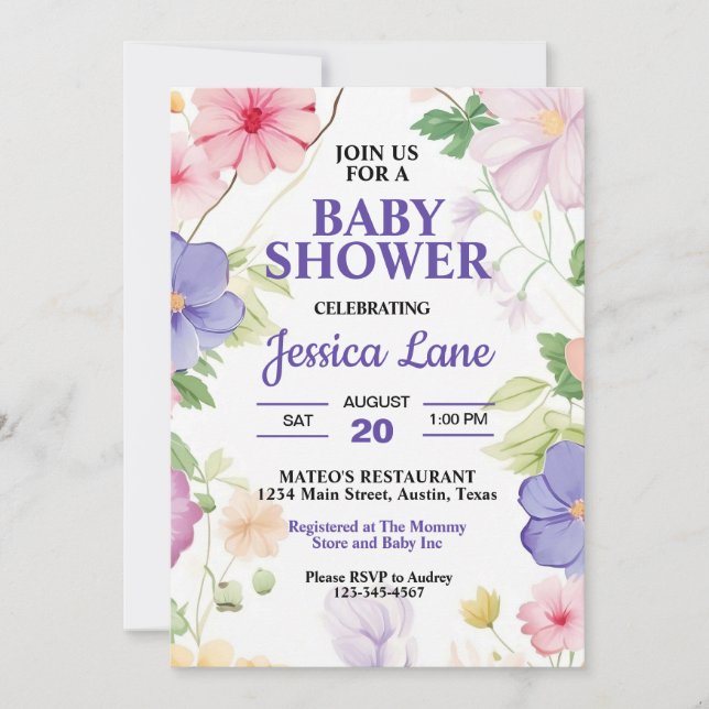 Invitation Fleurs sauvages roses et lavande Baby Shower paste (Devant)