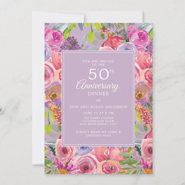 Invitation Fleurs sauvages roses et violettes 50e anniversair (Devant)