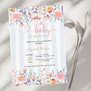 Invitation Fleurs sauvages roses noeud papillon rayures bleue