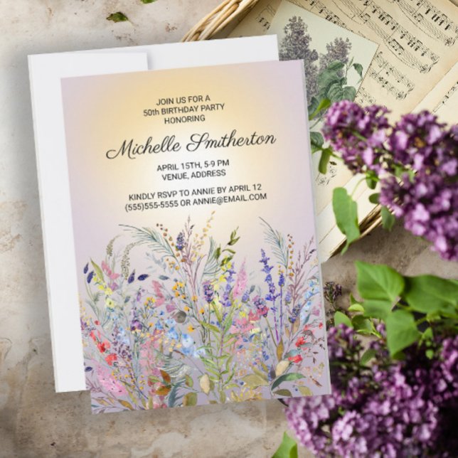 Invitation Fleurs sauvages roses violettes jaunes 50e anniver (Créateur téléchargé)