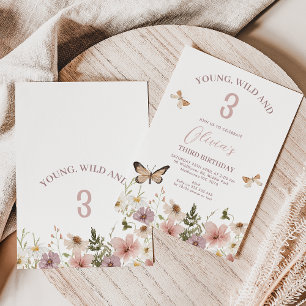 Invitation Fleurs sauvages roses violettes rustiques 3e anniv