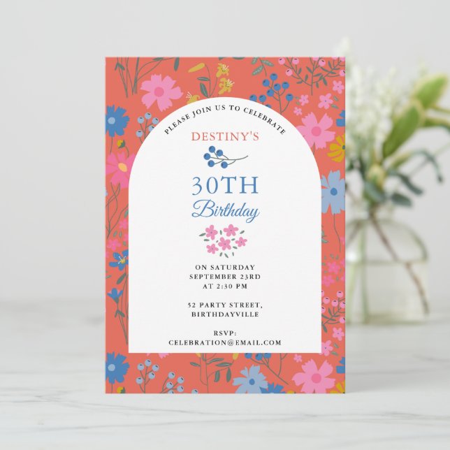 Invitation Fleurs sauvages rouges Boho 30ème 40ème anniversai (Debout devant)