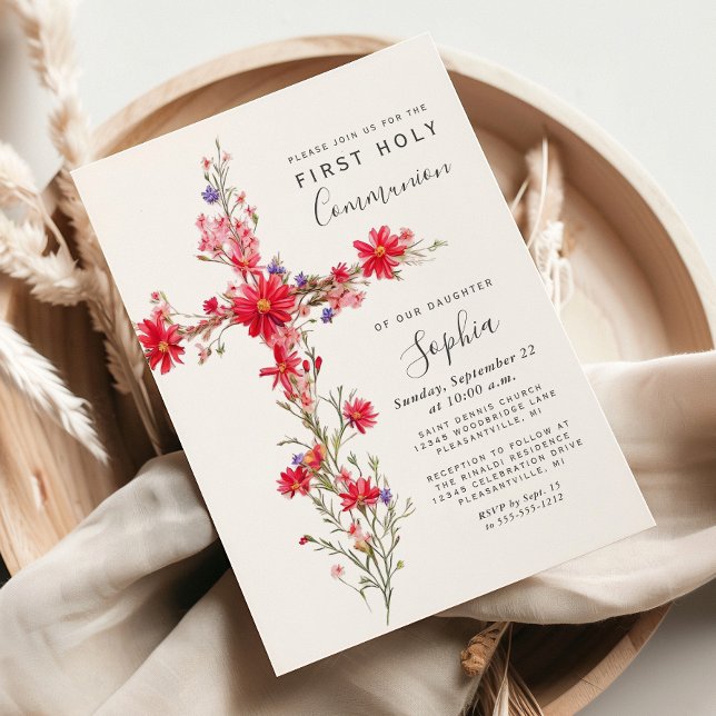 Invitation Fleurs Sauvages Rouges Croix Florale Première Comm (Créateur téléchargé)