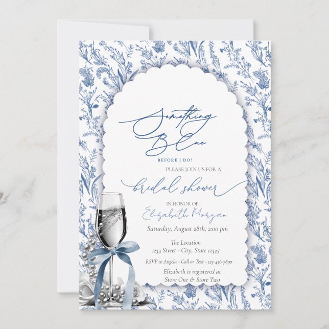 Invitation Fleurs sauvages Ruban Bleu Perles et Prosecco (Devant)