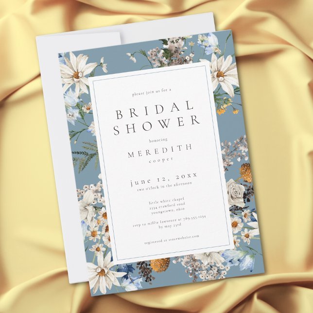 Invitation Fleurs sauvages rustiques et marguerites bleues Ba (Rustic Wildflowers & Daisies Blue Bridal Shower Invitation)