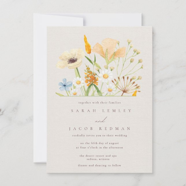 Invitation Fleurs Sauvages Simples Mariage Botanique  (Devant)