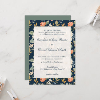 Invitation Fleurs sauvages sur fond bleu marine foncé