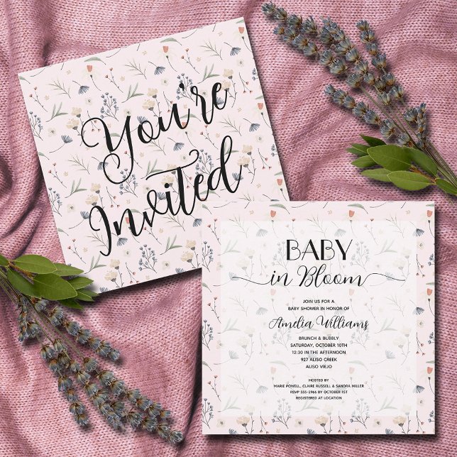 Invitation Fleurs sauvages sur le Baby shower de fille rose (Wildflowers on Pink Girl Baby Shower Invitations, INSTANT DOWNLOAD and/or PRINTED)