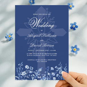 Invitation Fleurs sauvages sur mariage religieux bleu françai