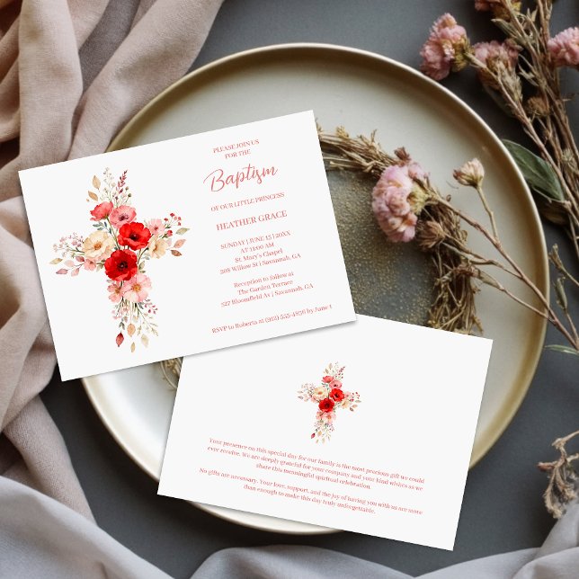 Invitation Fleurs sauvages teintes roses douces en forme de c (Sweet Digital Watercolor Pink Shades Wildflowers Cross-Shape Baptism Invitation Cards. )