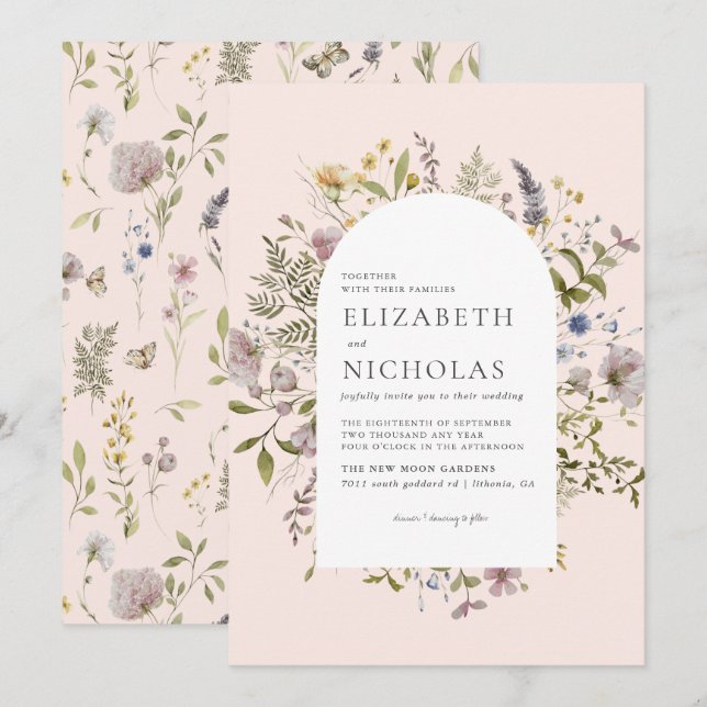 Invitation Fleurs sauvages verdure botanique mariage (Devant / Derrière)