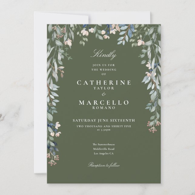 Invitation Fleurs sauvages vert olive Mariage de verdure fleu (Devant)