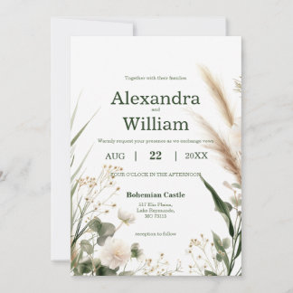 Invitation Fleurs sauvages vert sauge et pampa photo boho