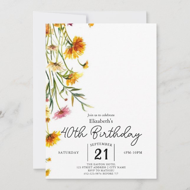 Invitation Fleurs sauvages Vintages modifiables 40e anniversa (Devant)