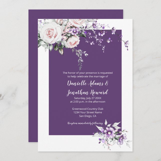 Invitation Fleurs sauvages violets Blush rose Roses Mariage (Devant / Derrière)