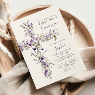 Invitation Fleurs sauvages violettes Croix florale Première c