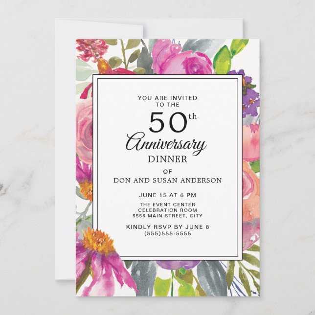Invitation Fleurs sauvages violettes roses 50e anniversaire d (Devant)