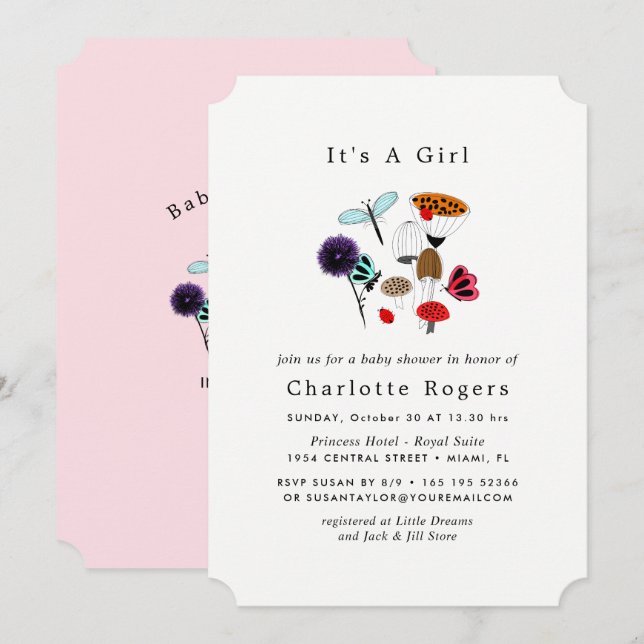 Invitation Fleurs Sauvages Whimsical Ladybugs Et Papillons (Devant / Derrière)