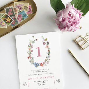 Invitation Fleurs sauvages Wreath Girl's 1st Birthday Party