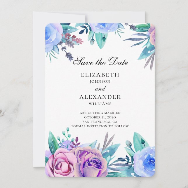 Invitation Fleurs sauvent la date. Mariage violet et bleu (Devant)