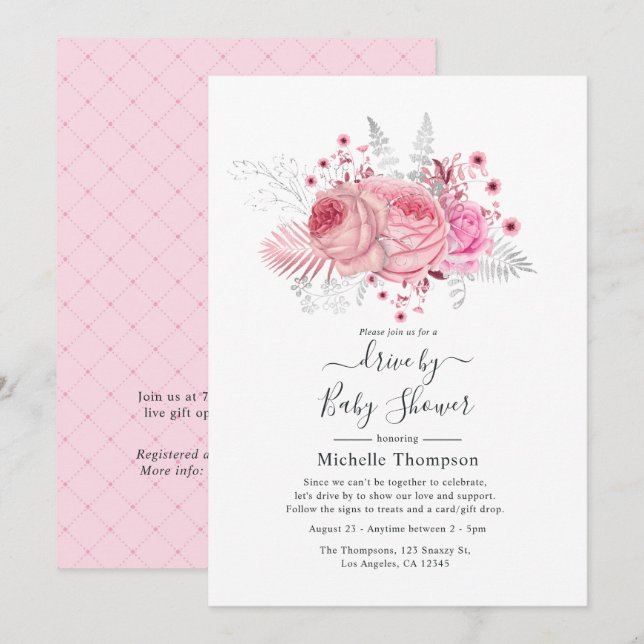 Invitation Fleurs scintillantes rose et argent pour une douch (Devant / Derrière)
