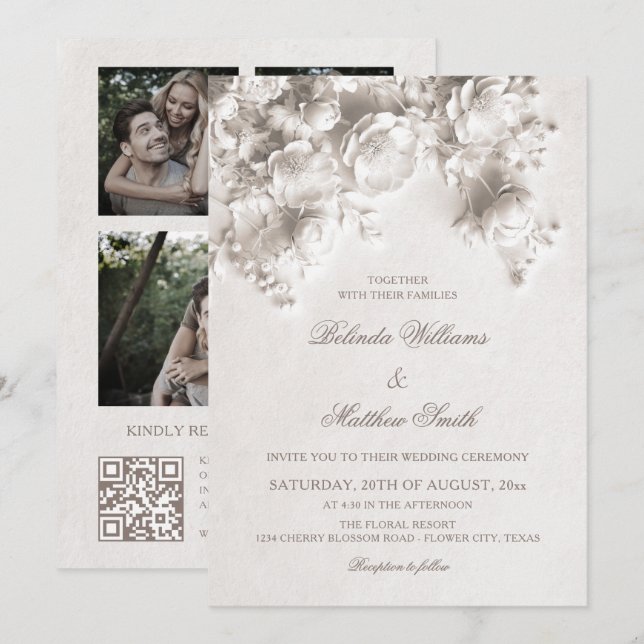 Invitation Fleurs sculptées blanches Roses 3D Mariage (Devant / Derrière)