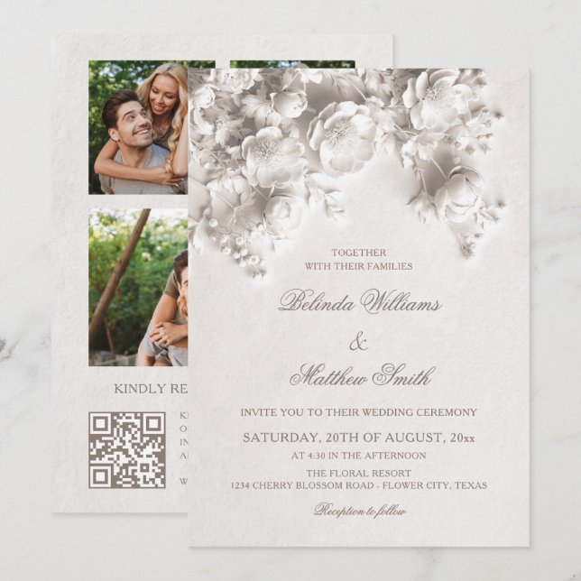 Invitation Fleurs sculptées en ivoire Roses 3D Mariage (Devant / Derrière)