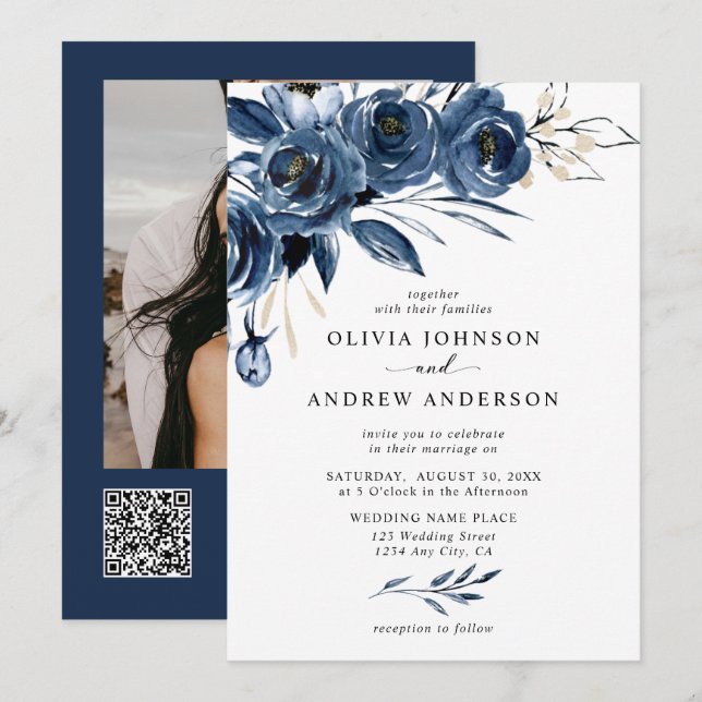 Invitation Fleurs simples bleu marine Code QR et mariage phot (Devant / Derrière)