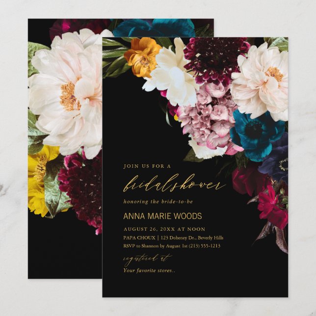 Invitation Fleurs sombres de PixDezines pour Baby Shower de m (Devant / Derrière)