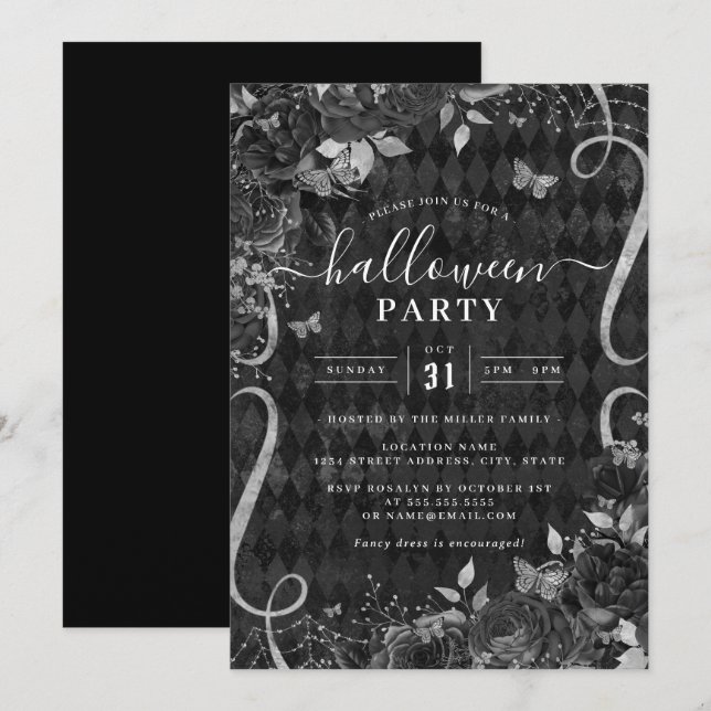 Invitation Fleurs Sombres Épouvantables Halloween Fête de déf (Devant / Derrière)