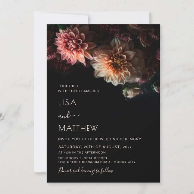 Invitation Fleurs Sombres et Émouvantes | Mariage Décontracté (Devant)