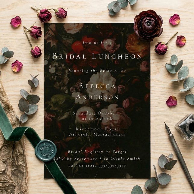Invitation Fleurs Sombres et Sombres Fête de Mariage Romantiq (Elegant romantic bridal shower invitation template with dark flowers painting background)
