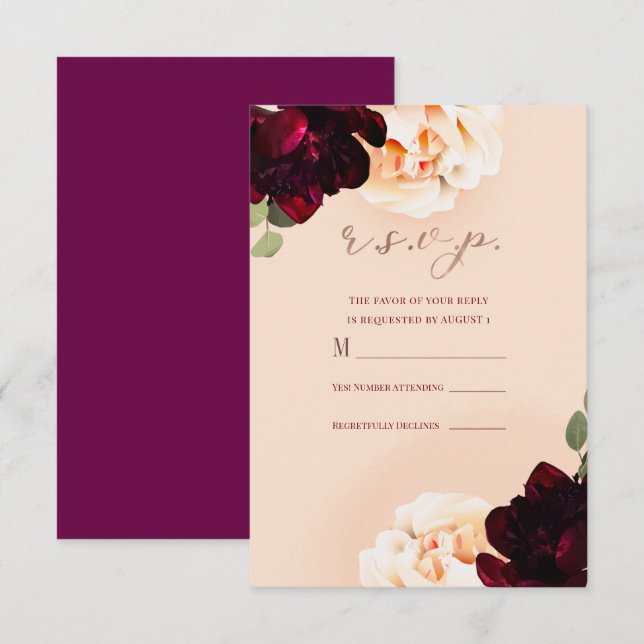 Invitation Fleurs Sombres Marsala Péché Rose Doré Réponse R.S (Devant / Derrière)