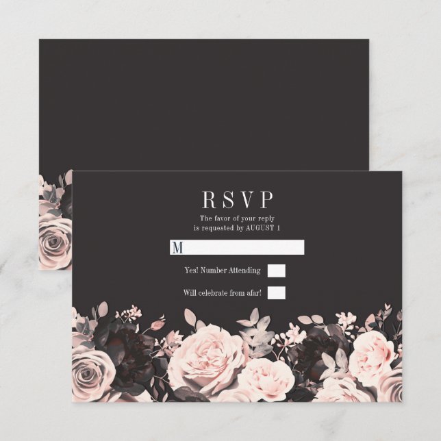 Invitation Fleurs Sombres Rose Fard Charbon Noir Réponse au M (Devant / Derrière)
