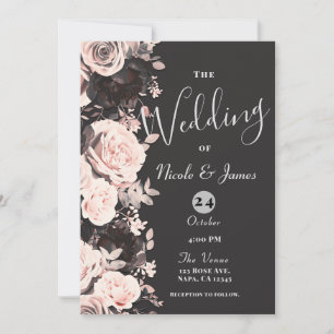 Invitation Fleurs Sombres Rouge Pâle Gris Charbon Noir Mariag