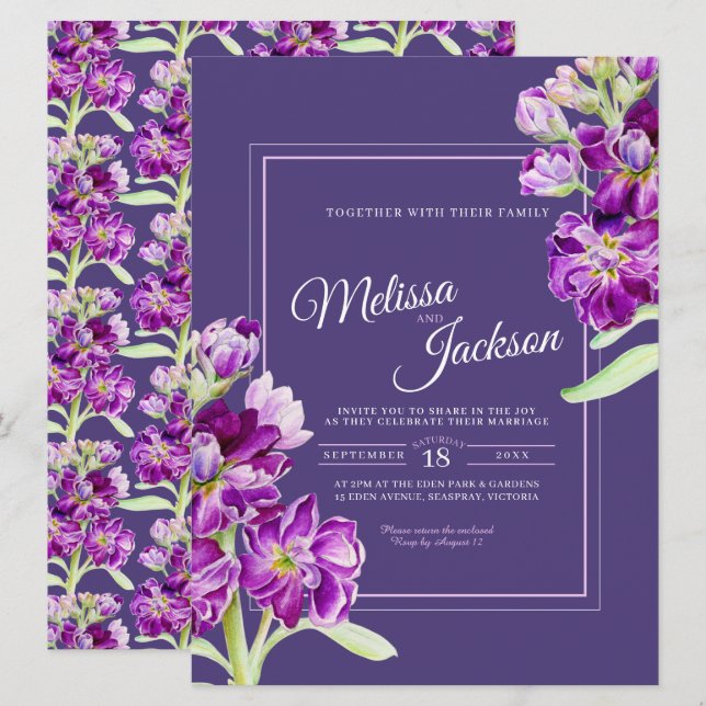 Invitation Fleurs stocks violet aquarelle mariage (Devant / Derrière)
