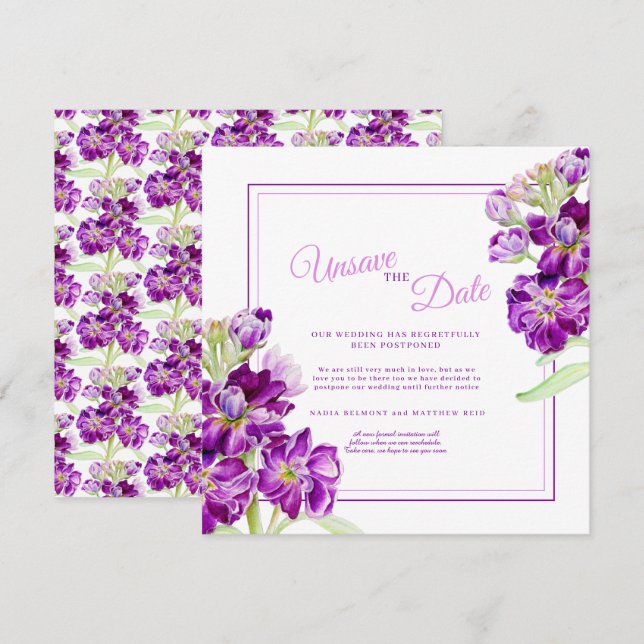 Invitation Fleurs stocks violettes art mariage enregistrer la (Devant / Derrière)