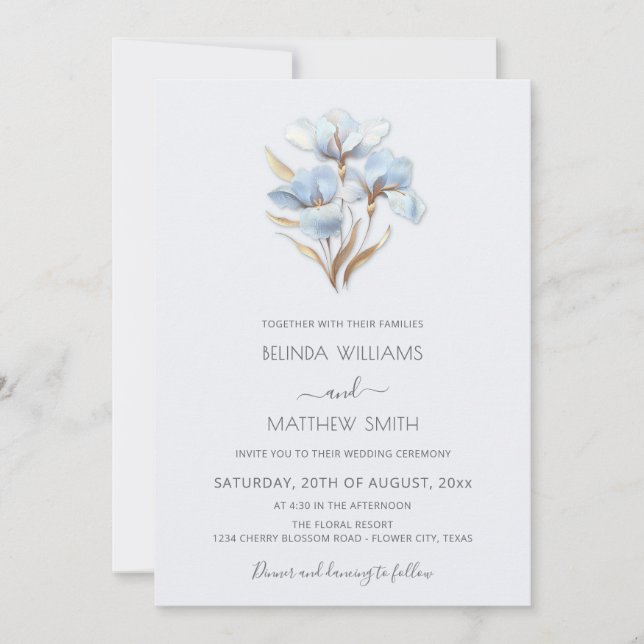 Invitation Fleurs stylisées Blue Gold Minimaliste (Devant)