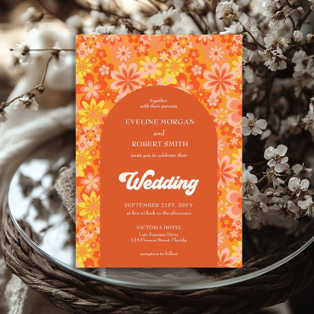 Invitation Fleurs super rétro jaune orange et rose (Retro groovy vibrant orange yellow and pink flowers invitation)
