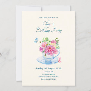 Invitation Fleurs tasse de thé anniversaire